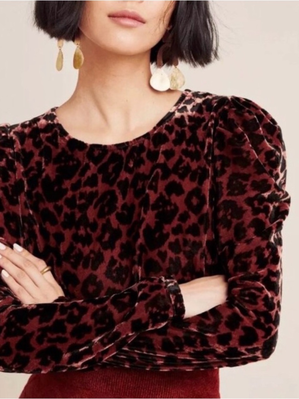 #531 Anthropologie DOLAN Burgundy/Brown & Black Velvet Leopard Puff-Sleeve Top